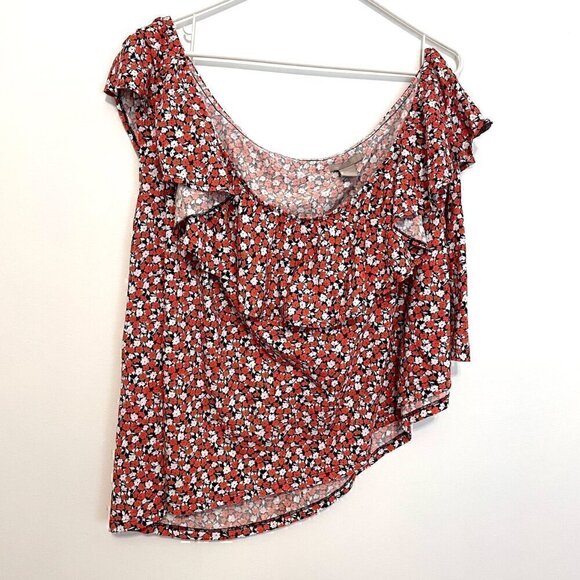 H&M One Shoulder Top Red White Navy Blue Floral Ruffle Trim 100% Cotton Tank 4XL - Picture 2 of 13